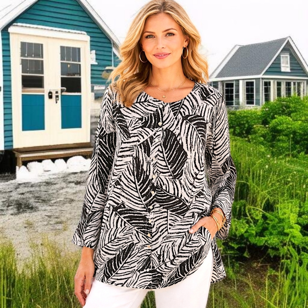 Cynthia Rowley Linen Top 1X Roll Tab Sleeve Coastal‎ Beach Palm Print Button Up